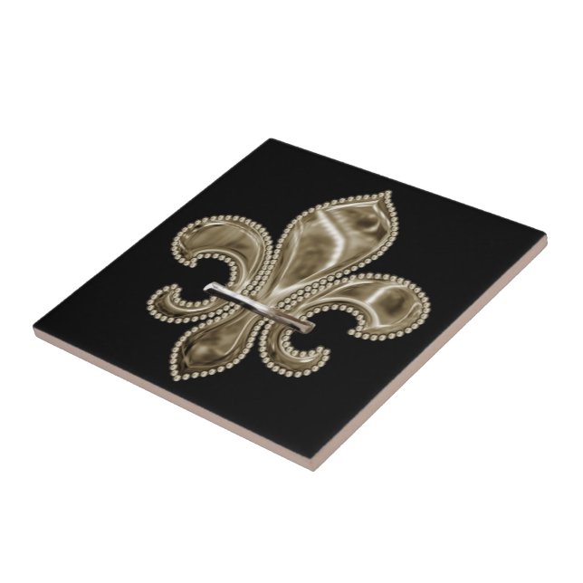 Gold Fleur de Lis Square Ceramic Tile 4.25" - blk (Side)