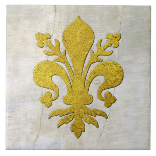 Gold Fleur-de-lis Vintage Plaster Look  Tile