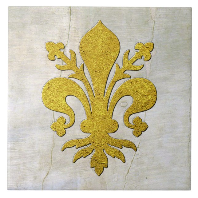 Gold Fleur-de-lis Vintage Plaster Look  Tile (Front)