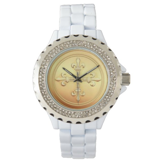 Gold Fleur de Lys Cross Rhinestone Enamel Watch (Front)