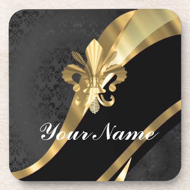 Gold fleur de lys on black coaster (Front)