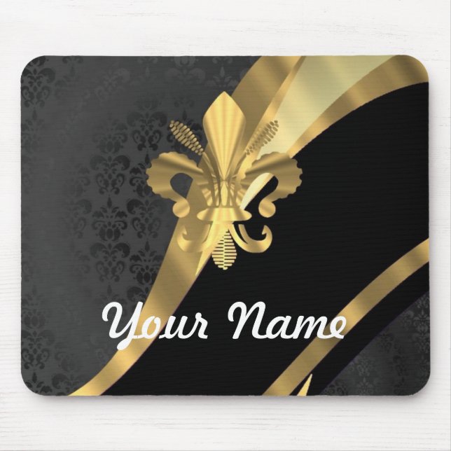 Gold fleur de lys on black mouse mat (Front)