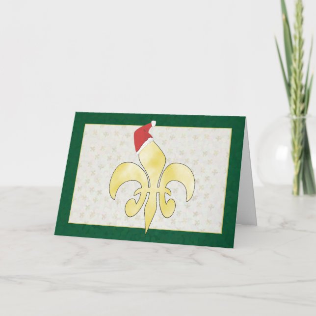 Gold Fleur de Lys with Santa Hat Christmas Holiday Card (Front)