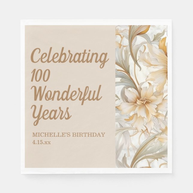 Gold Floral 100th Birthday  Napkin (Front)