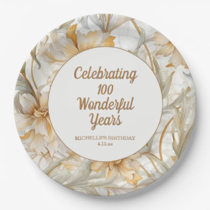 Gold Floral 100th Birthday  Paper Plate