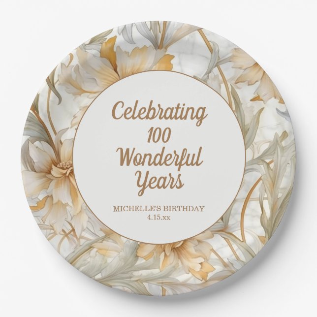 Gold Floral 100th Birthday  Paper Plate (Front)