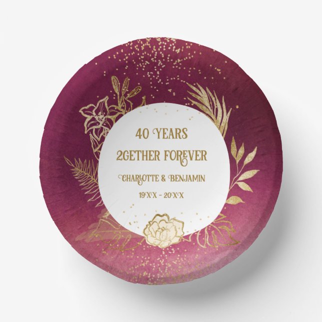  Gold Floral 40 years Anniversary Ruby Wedding  Paper Plate (Front)