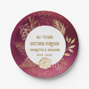 Gold Floral 40 years Anniversary Ruby Wedding Paper Plate