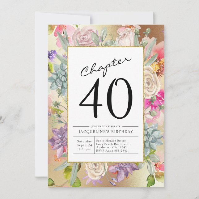 Gold Floral 40th Birthday Invitation (Front)