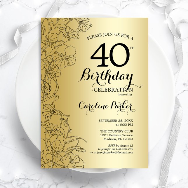 Gold Floral 40th Birthday Party Invitation (Creator Uploaded)