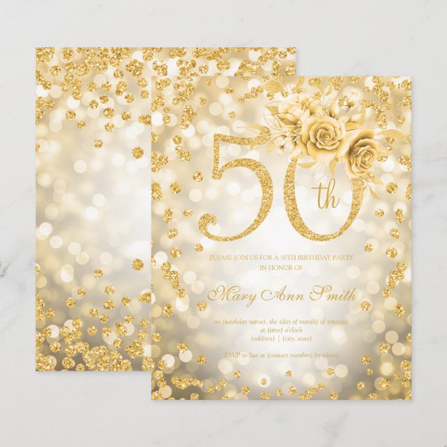 Gold Floral 50th Birthday Glam Lights   (Front/Back)