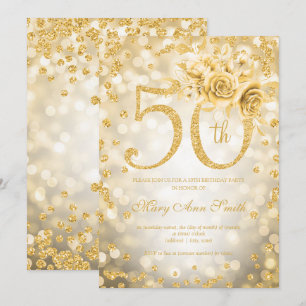 Gold Floral 50th Birthday Glam Lights Invitation
