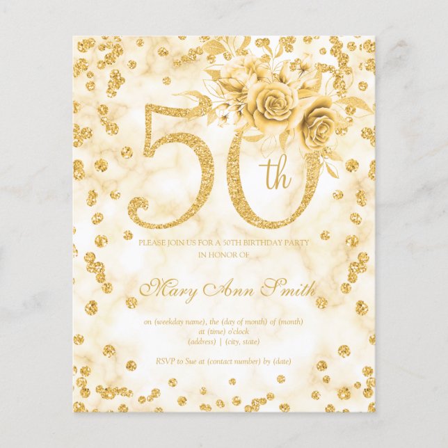 Gold Floral 50th Birthday Marble Invitation  Flyer (Front)