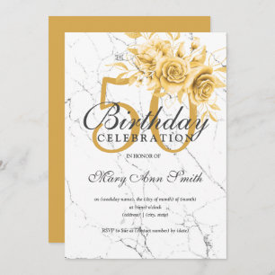Gold Floral 50th Birthday Party Marble  Invitation