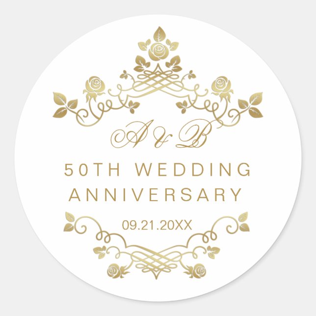 Gold Floral 50th Wedding Anniversary  Classic Roun Classic Round Sticker (Front)