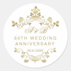 Gold Floral 50th Wedding Anniversary  Classic Roun Round Sticker