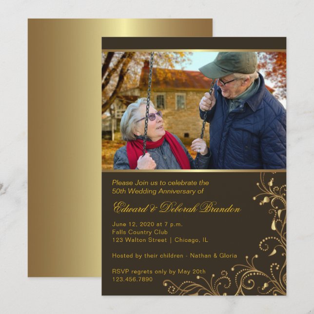 Gold Floral 50th Wedding Anniversary Invitation (Front/Back)