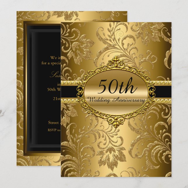 Gold Floral 50th Wedding Anniversary Invite (Front/Back)