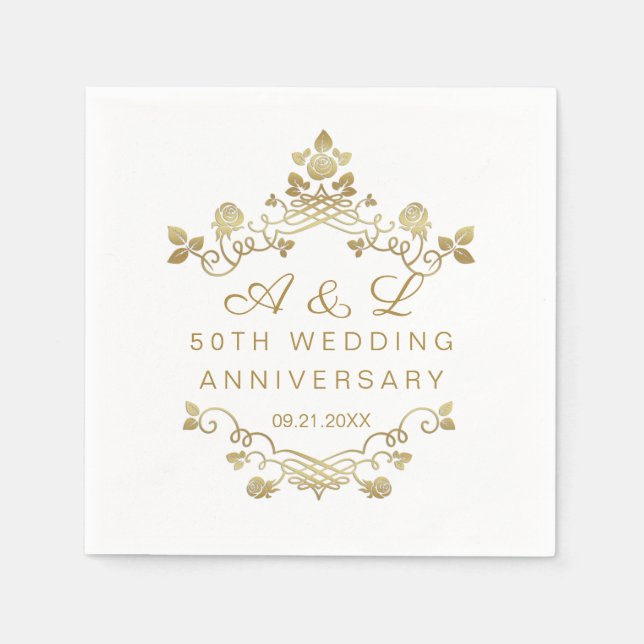 Gold Floral 50th Wedding Anniversary  Napkin (Front)