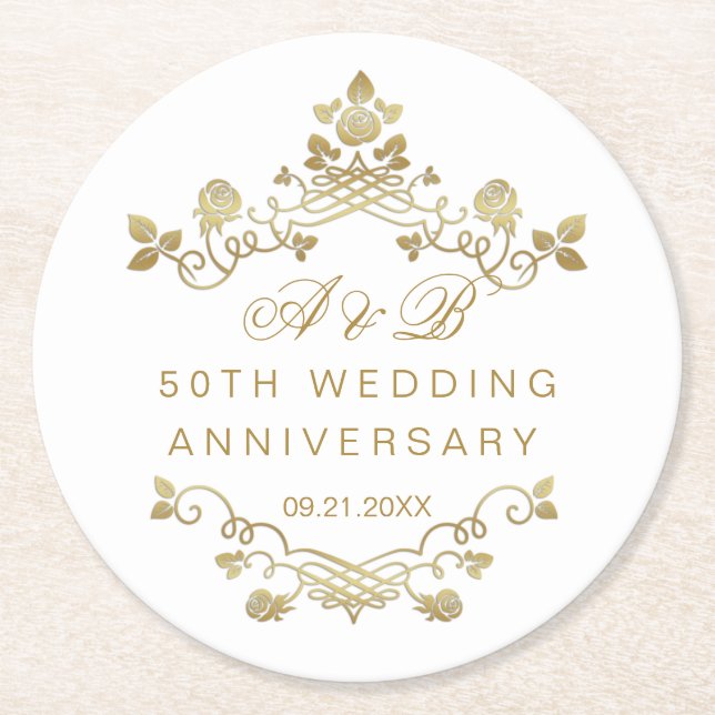 Gold Floral 50th Wedding Anniversary  Round Paper Coaster (Front)