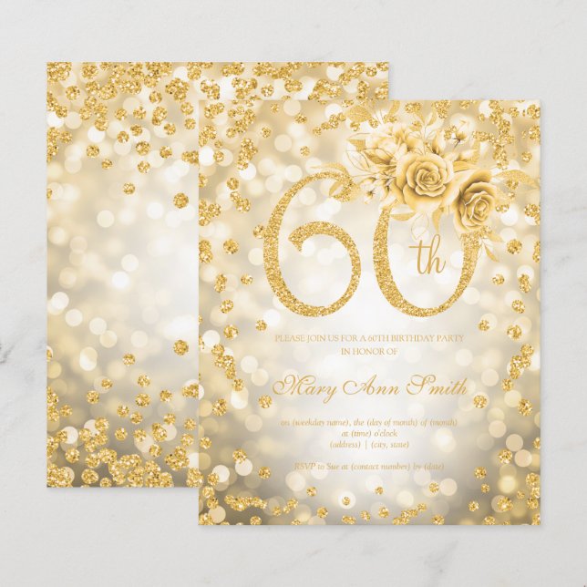 Gold Floral 60th Birthday Glam Lights   (Front/Back)