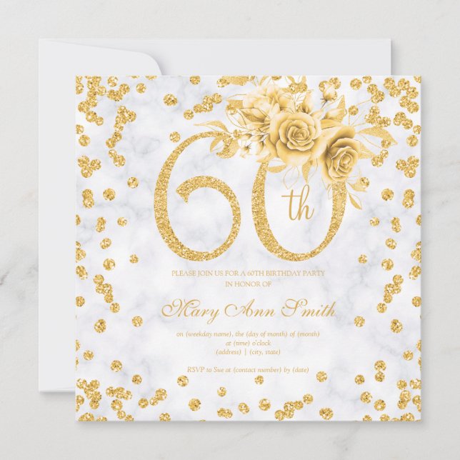 Gold Floral 60th Birthday Glam Marble  (Front)