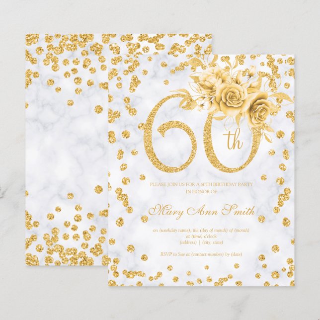 Gold Floral 60th Birthday Glam Marble  (Front/Back)