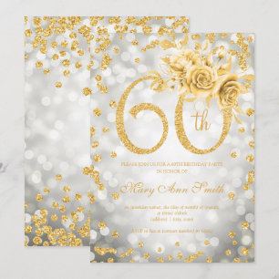 Gold Floral 60th Birthday Glam Silver Lights Invitation