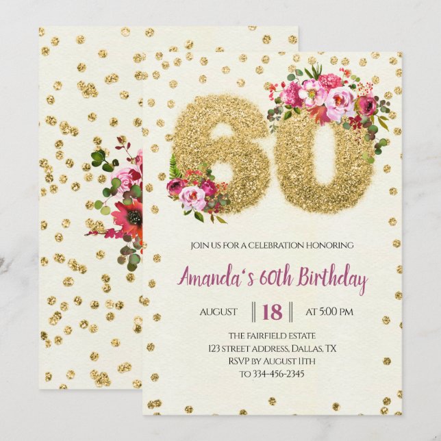 Gold Floral 60th Birthday Invitation (Front/Back)