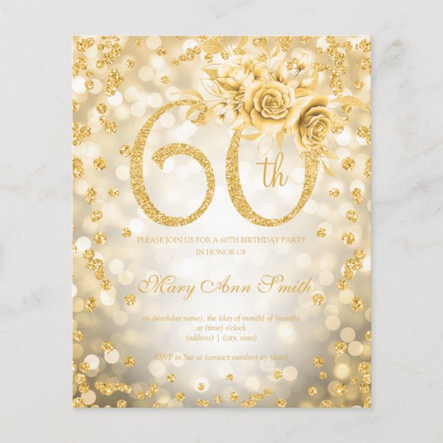 Gold Floral 60th Birthday Lights Invitation  Flyer (Front)