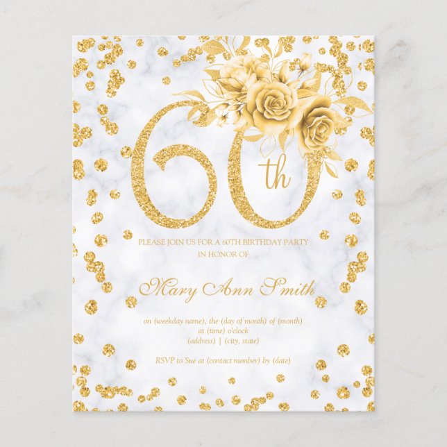 Gold Floral 60th Birthday Marble Invitation Flyer (Front)