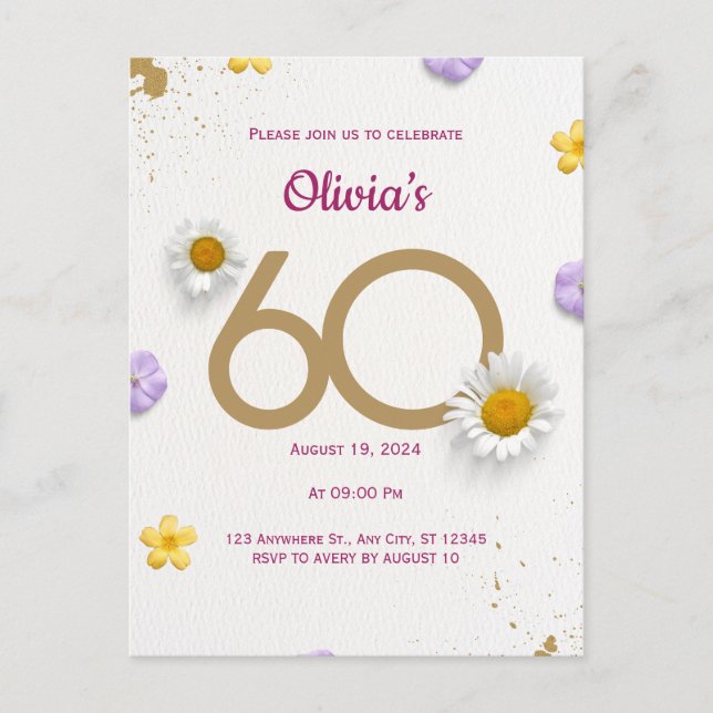 Gold Floral 60th Birthday Postcard (Front)