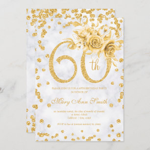 Gold Floral 60th Birthday Silver Glam Lights Invitation