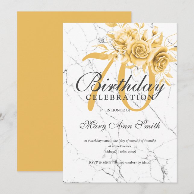 Gold Floral 70th Birthday Party Marble  Invitation (Front/Back)