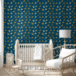 gold Floral Abstract on Blue Background Wallpaper