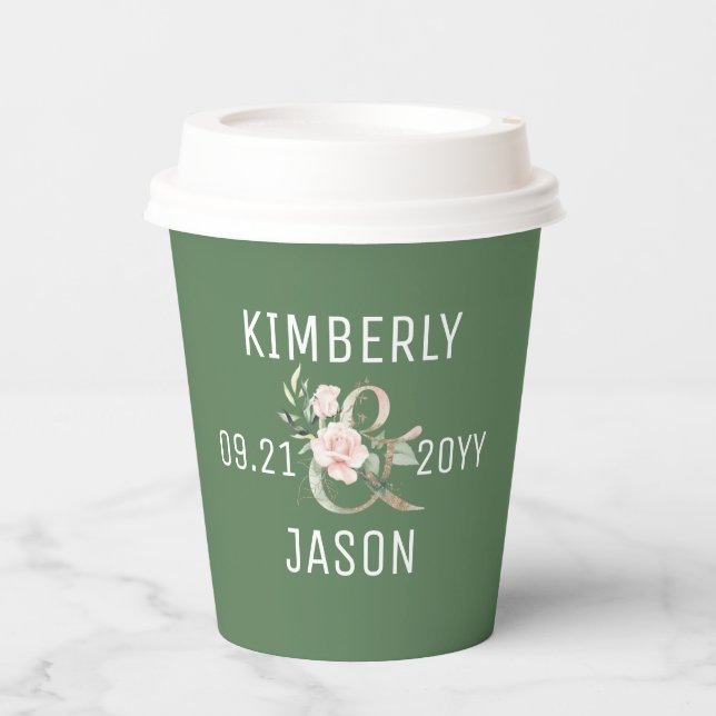 Gold floral an ampersand wedding couples name paper cups (Front)