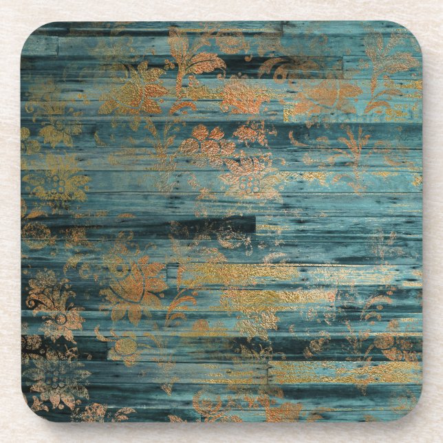 Gold Floral and Blue Rustic Wood Decoupage Coaster (Front)