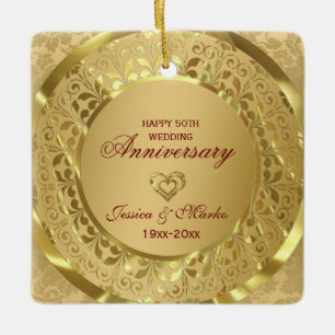 Gold Floral And Ring  50th Wedding Anniversary Ceramic Ornament