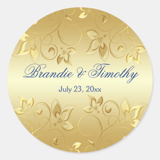 Gold Floral and Royal Blue 1.5" Round Sticker (Front)