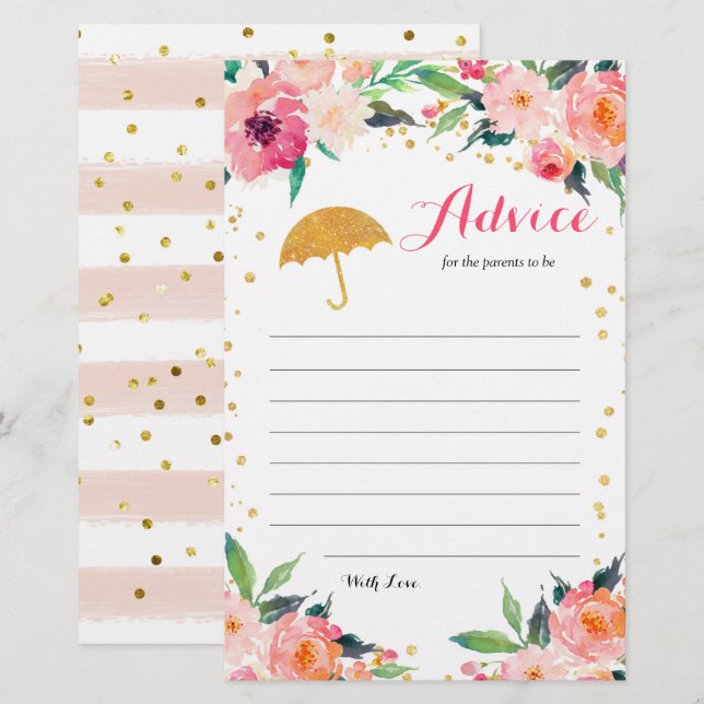 Gold Floral April Showers Baby Shower Advice Card (Front/Back)