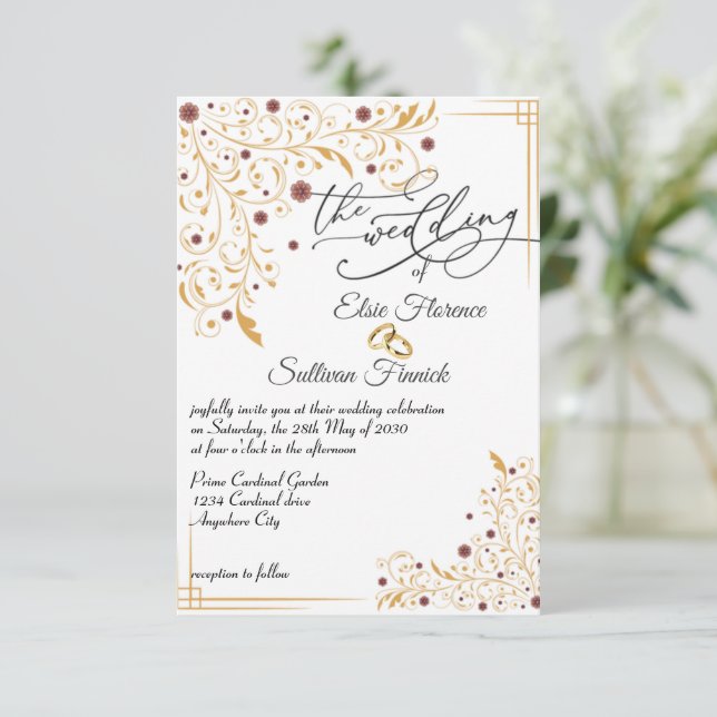Gold floral art illustration wedding invitation (Standing Front)