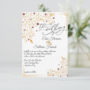 Gold floral art illustration wedding invitation