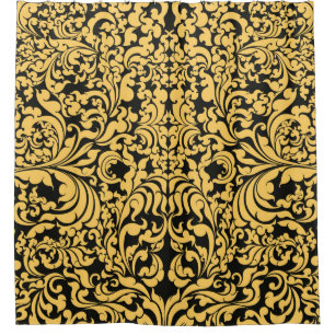 Gold floral art pattern on a black, Thai art vinta Shower Curtain