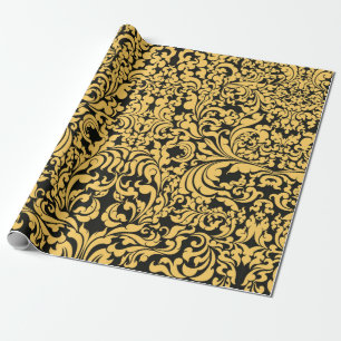Gold floral art pattern on a black, Thai art vinta Wrapping Paper