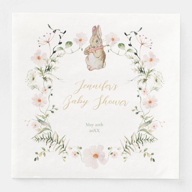 Gold Floral Baby Bunny Baby Shower Napkin (Front)