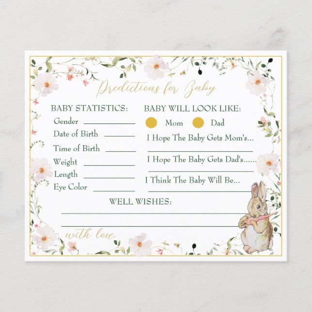 Gold Floral Baby Bunny Baby Shower Prediction Game (Front)