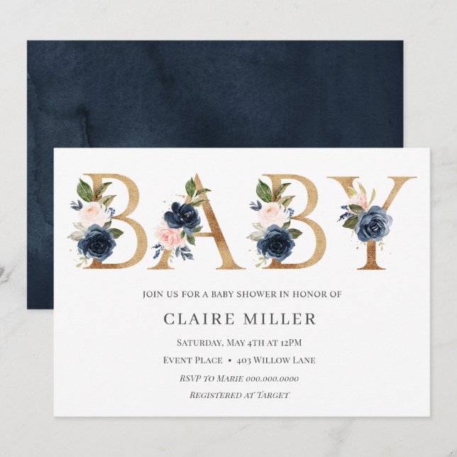 Gold Floral BABY shower invitation (Front/Back)