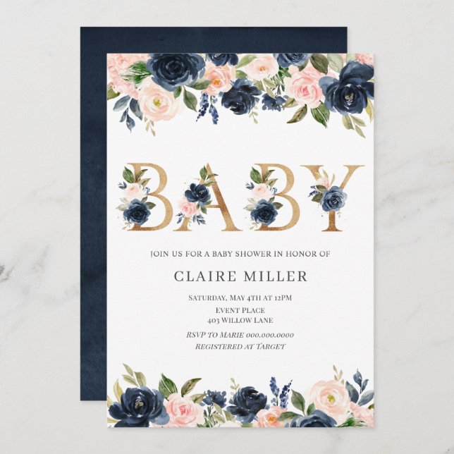 Gold Floral BABY shower invitation (Front/Back)