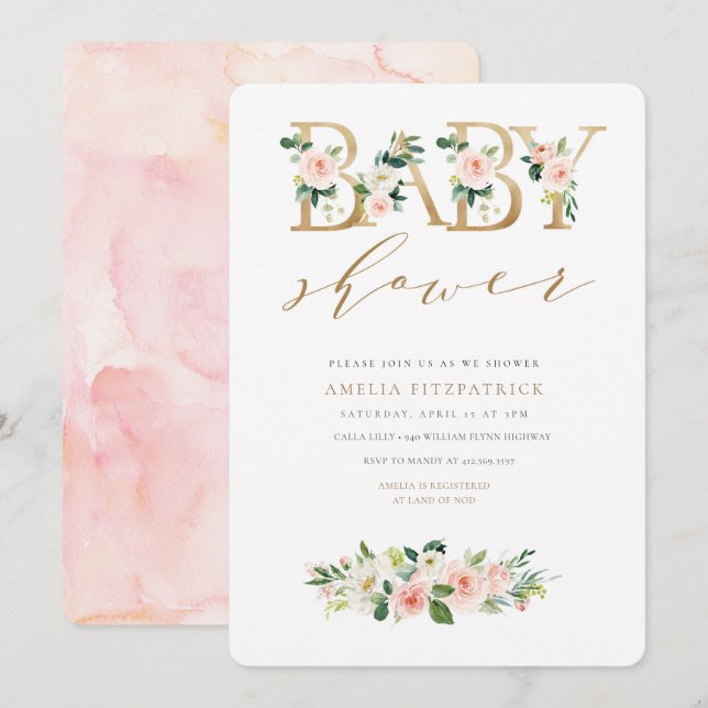 Gold Floral Baby Shower Invitation Girl (Front/Back)