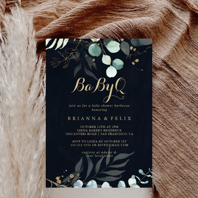 Gold Floral BabyQ Baby Shower Blue Barbecue  Invitation (Creator Uploaded)